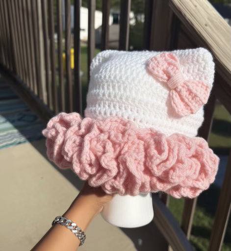 Pink Crochet Hello Kitty Ruffle Hat