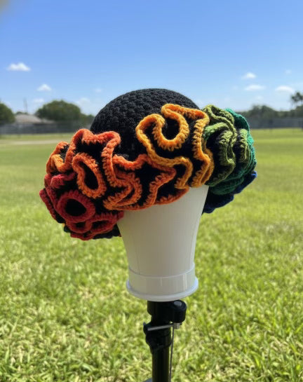 Crochet Rainbow Trim Ruffle Hat