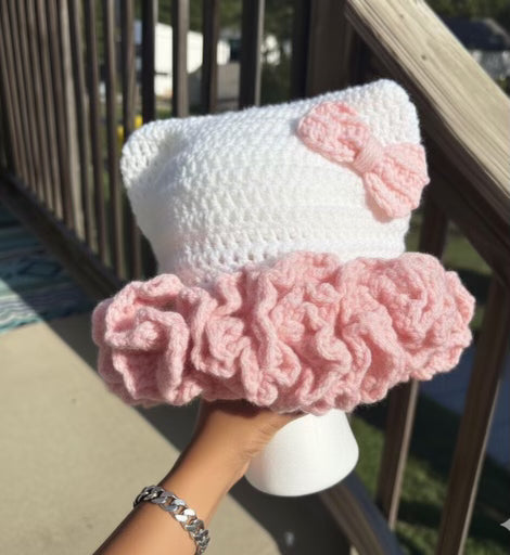 Pink Crochet Hello Kitty Ruffle Hat